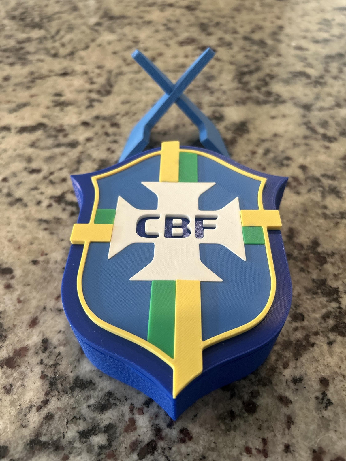 Brazil CBF 3D printed Seleção crest display with stand and hidden stash box, canarinho soccer fan gift, made in USA