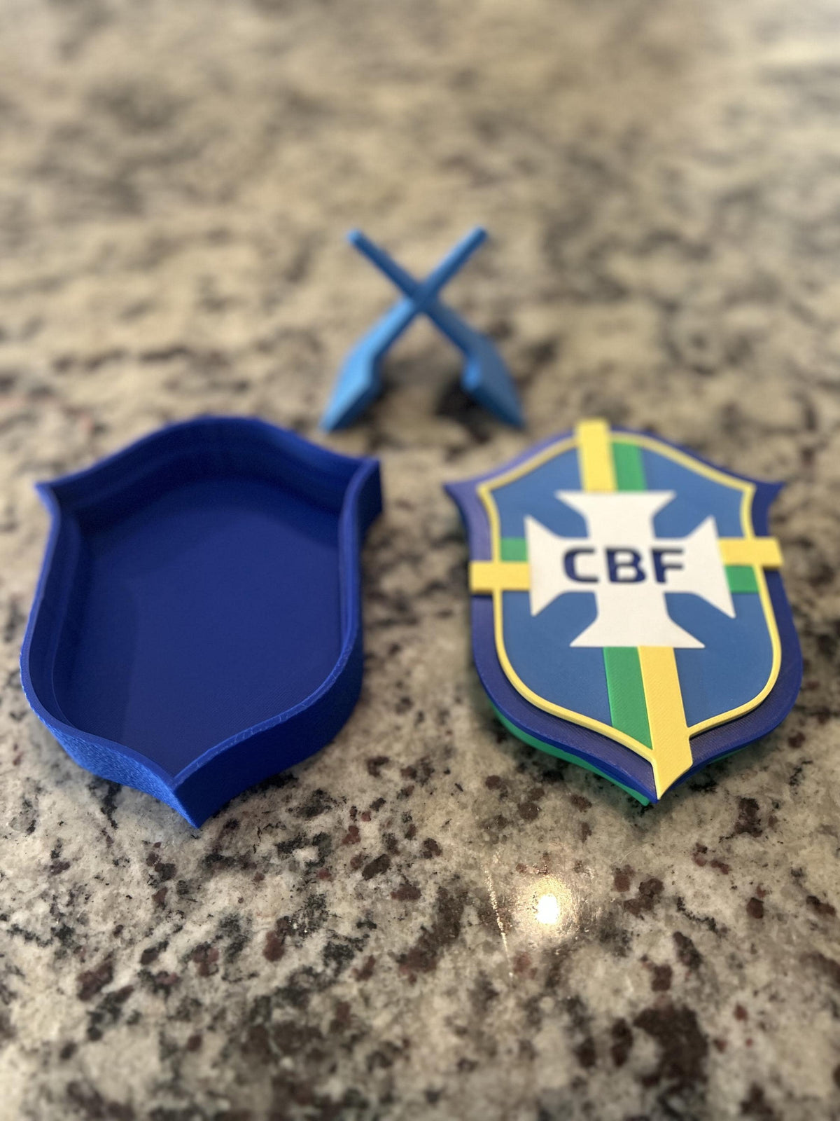 Brazil CBF 3D printed Seleção crest display with stand and hidden stash box, canarinho soccer fan gift, made in USA