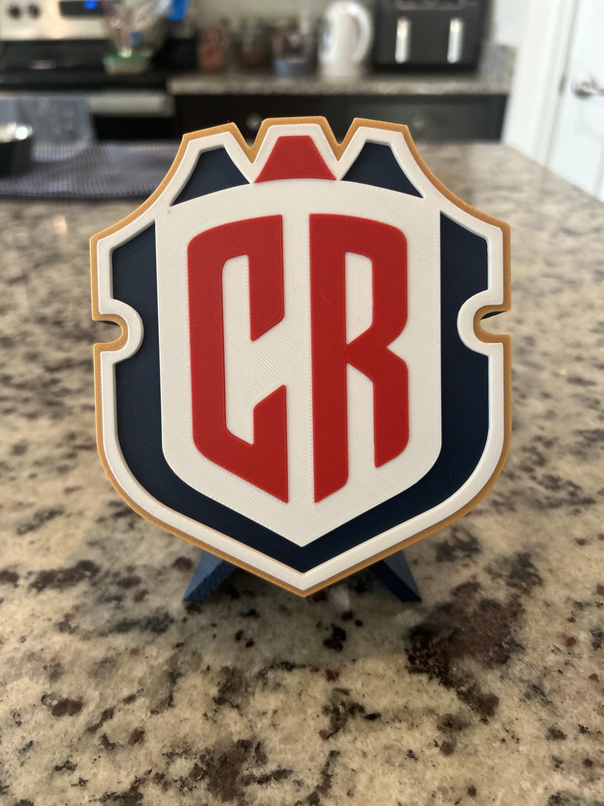 Costa Rica La Sele 3D printed CR crest display with stand and hidden stash box, Ticos soccer fan gift, made in USA