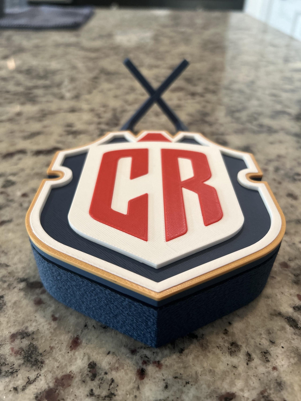 Costa Rica La Sele 3D printed CR crest display with stand and hidden stash box, Ticos soccer fan gift, made in USA