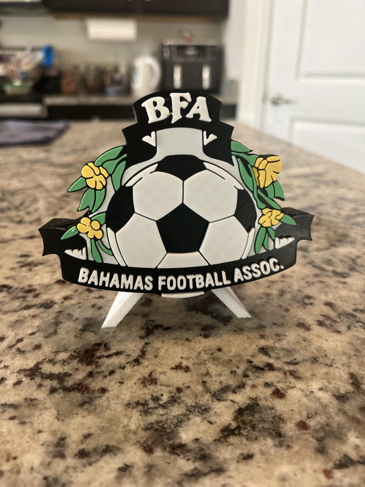Bahamas Football Association BFA 3D printed crest display with stand and hidden stash box, Bahamian soccer fan gift, made in USA