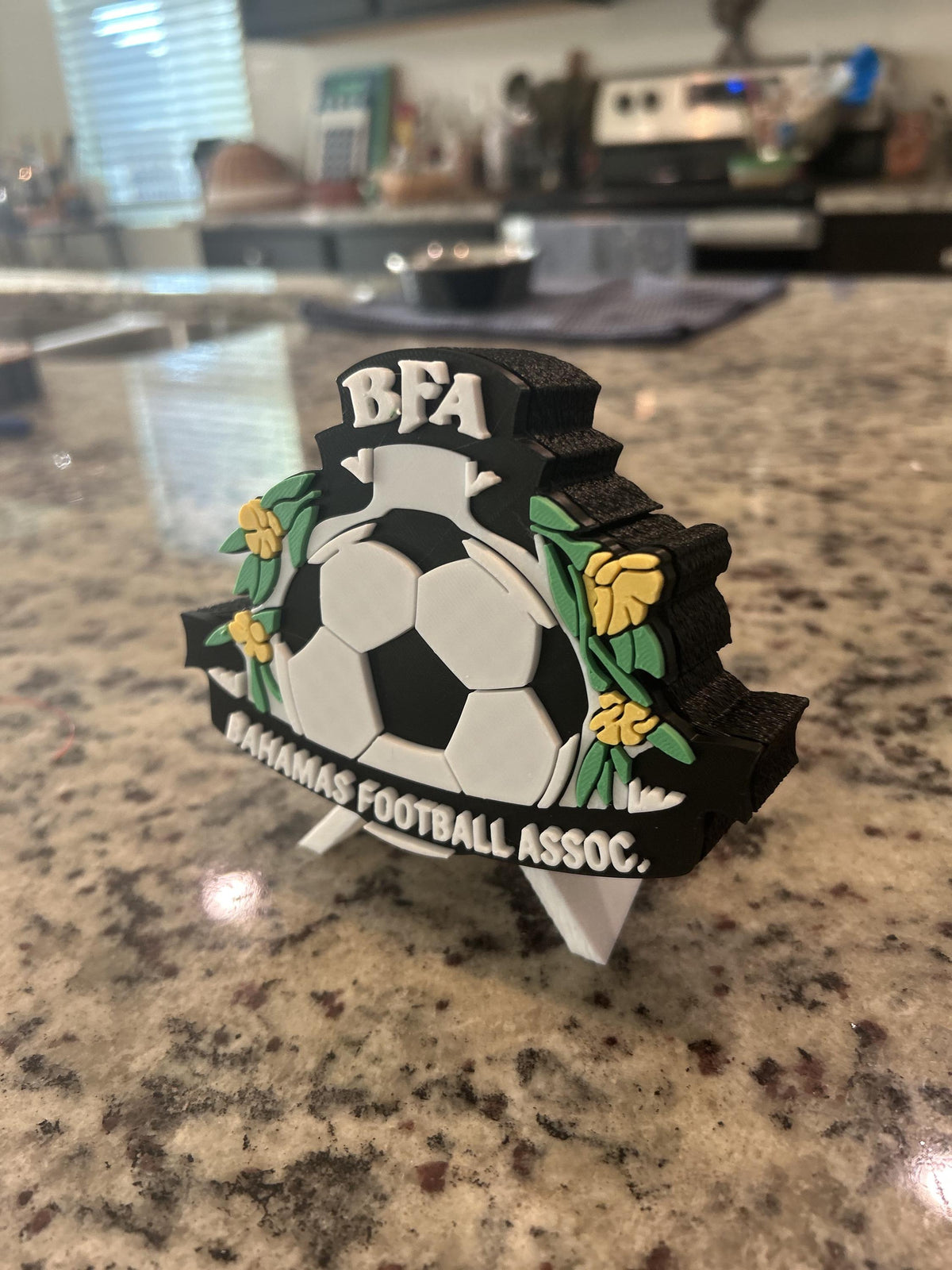 Bahamas Football Association BFA 3D printed crest display with stand and hidden stash box, Bahamian soccer fan gift, made in USA