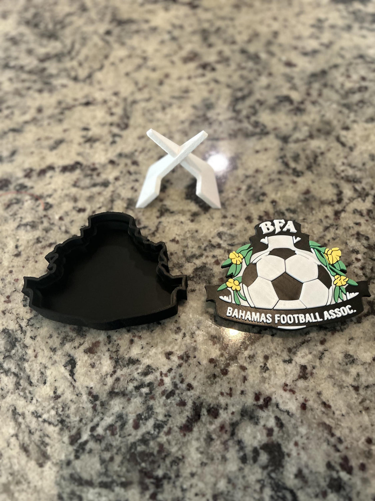 Bahamas Football Association BFA 3D printed crest display with stand and hidden stash box, Bahamian soccer fan gift, made in USA