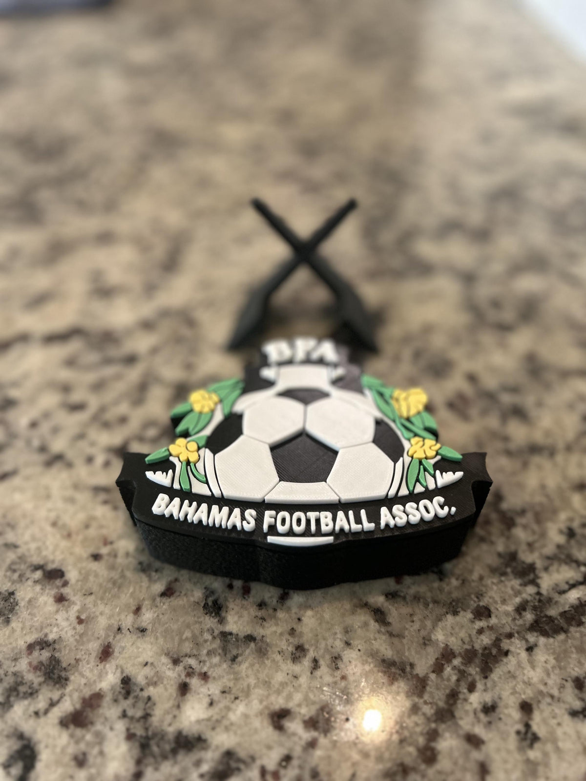 Bahamas Football Association BFA 3D printed crest display with stand and hidden stash box, Bahamian soccer fan gift, made in USA