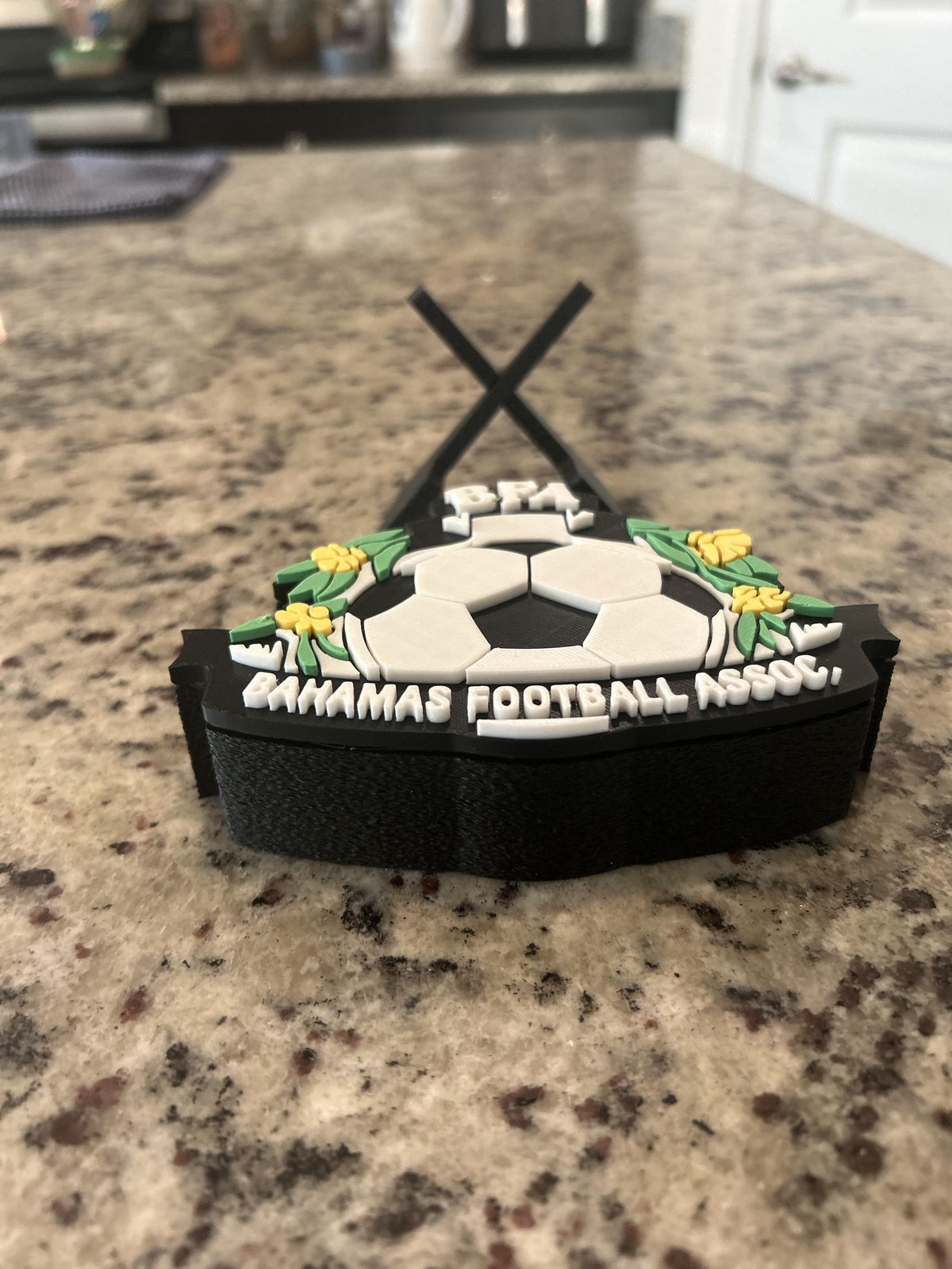 Bahamas Football Association BFA 3D printed crest display with stand and hidden stash box, Bahamian soccer fan gift, made in USA