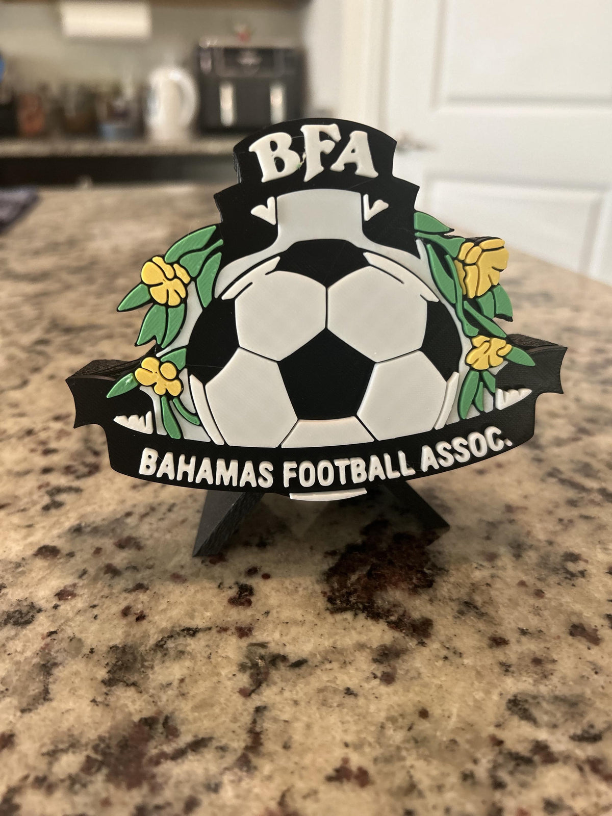 Bahamas Football Association BFA 3D printed crest display with stand and hidden stash box, Bahamian soccer fan gift, made in USA