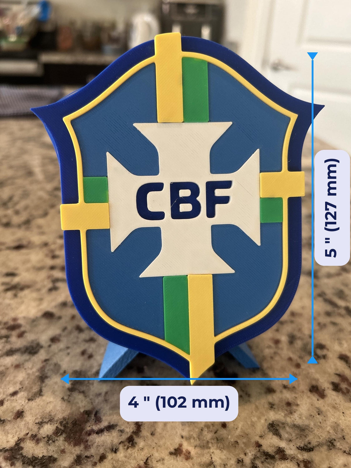 Size guide: Brazil 3D printed crest is about 5 inches (127 mm) tall on the stand
