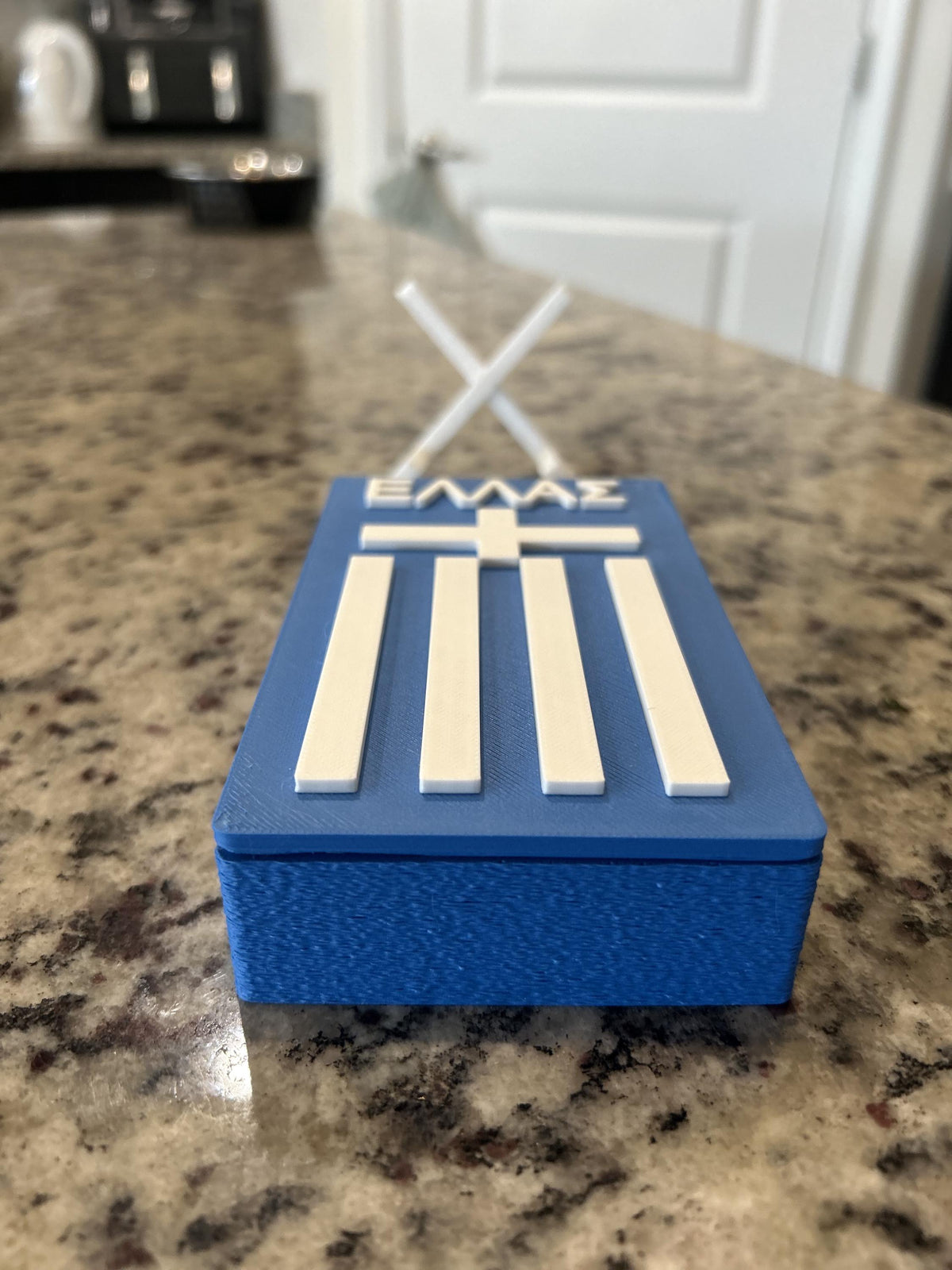 3D Printed Greece Soccer Ellas Flag Display with Stand — also a jewelry box or desk organizer; 3D printed fan gift, made in USA