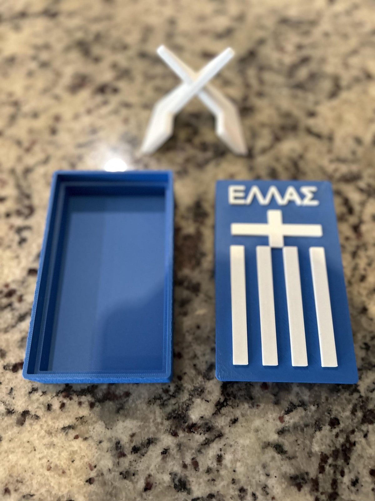 3D Printed Greece Soccer Ellas Flag Display with Stand — also a jewelry box or desk organizer; 3D printed fan gift, made in USA