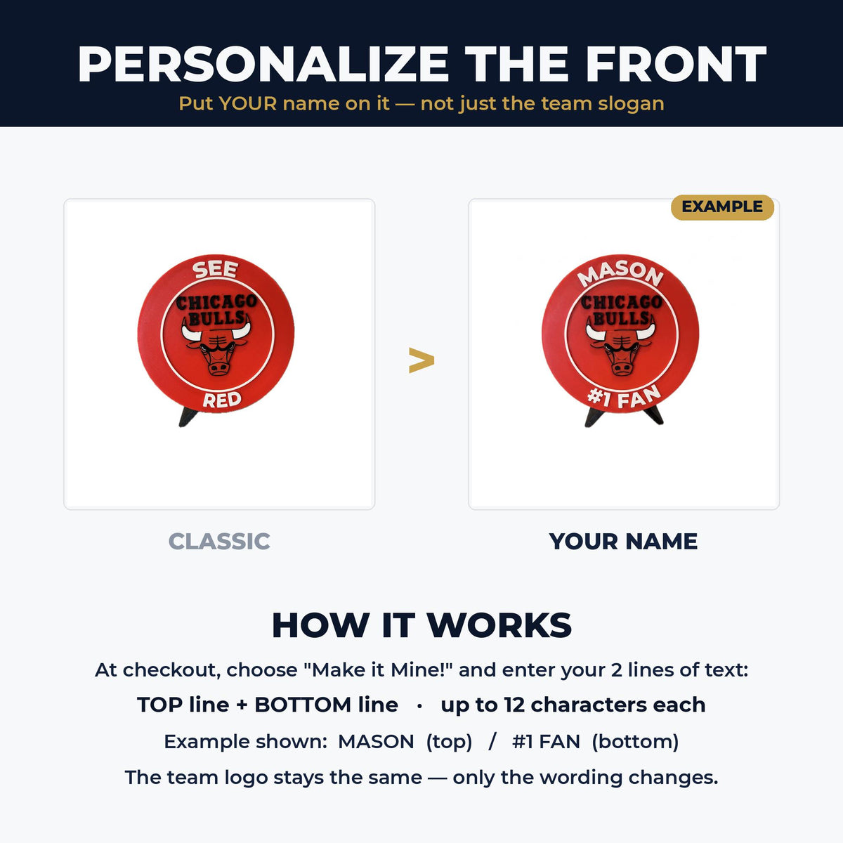 How to personalize this Chicago roundel: your name on top and #1 Fan on the bottom, custom 3D printed