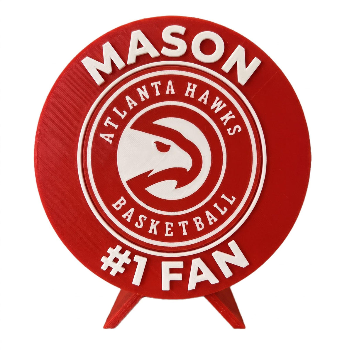 Personalized Atlanta roundel example with the name MASON on top and #1 FAN on the bottom, 3D printed to order