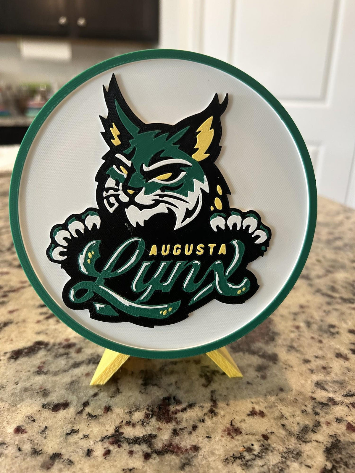 Augusta Lynx 3D printed hockey roundel display with stand and hidden stash box, ECHL fan gift, made in USA