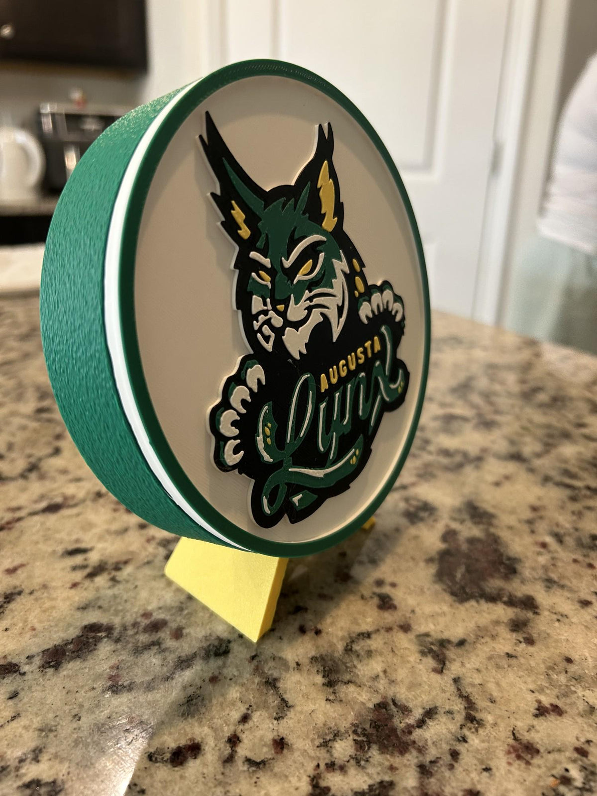Augusta Lynx 3D printed hockey roundel display with stand and hidden stash box, ECHL fan gift, made in USA