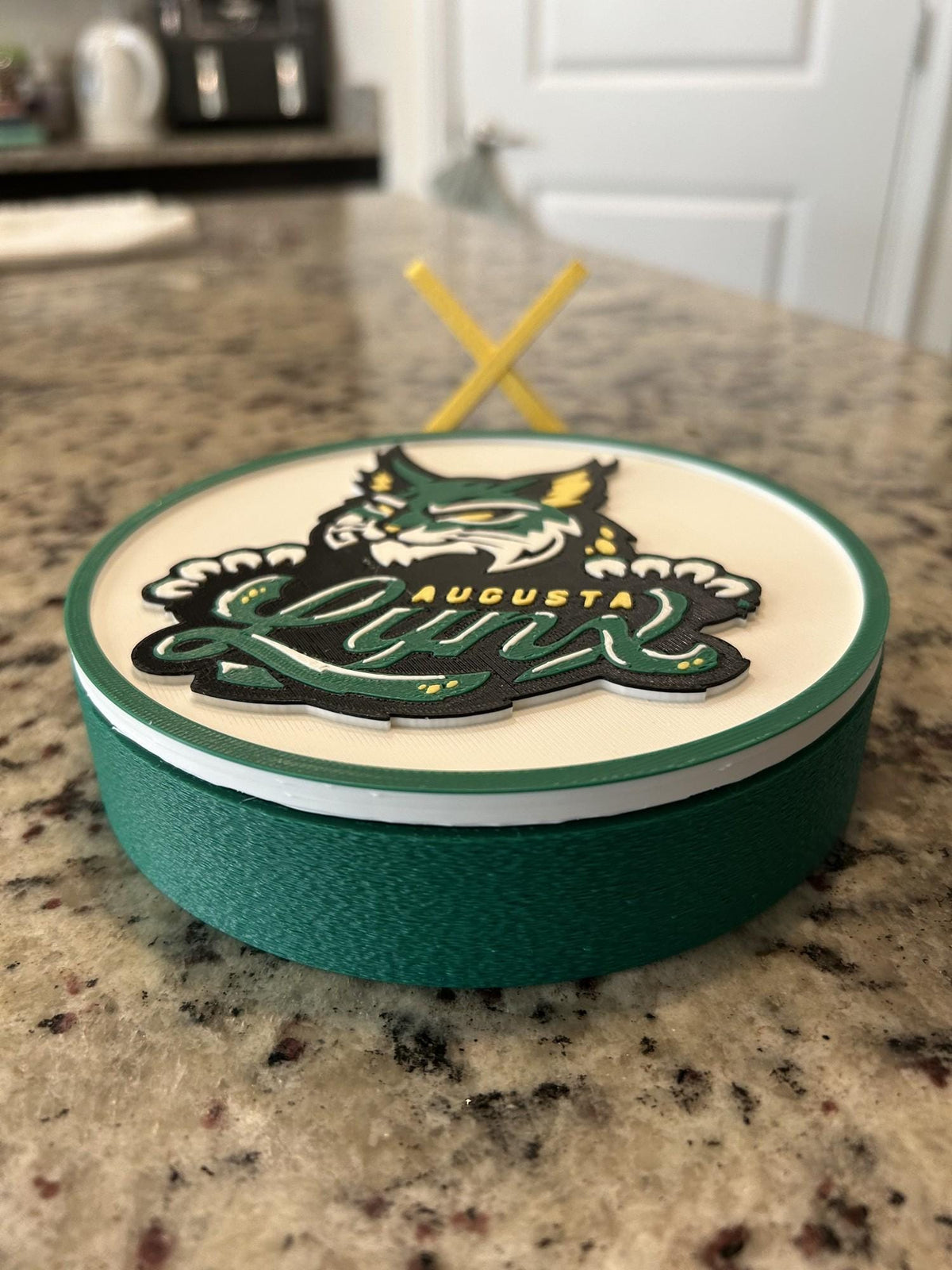 Augusta Lynx 3D printed hockey roundel display with stand and hidden stash box, ECHL fan gift, made in USA
