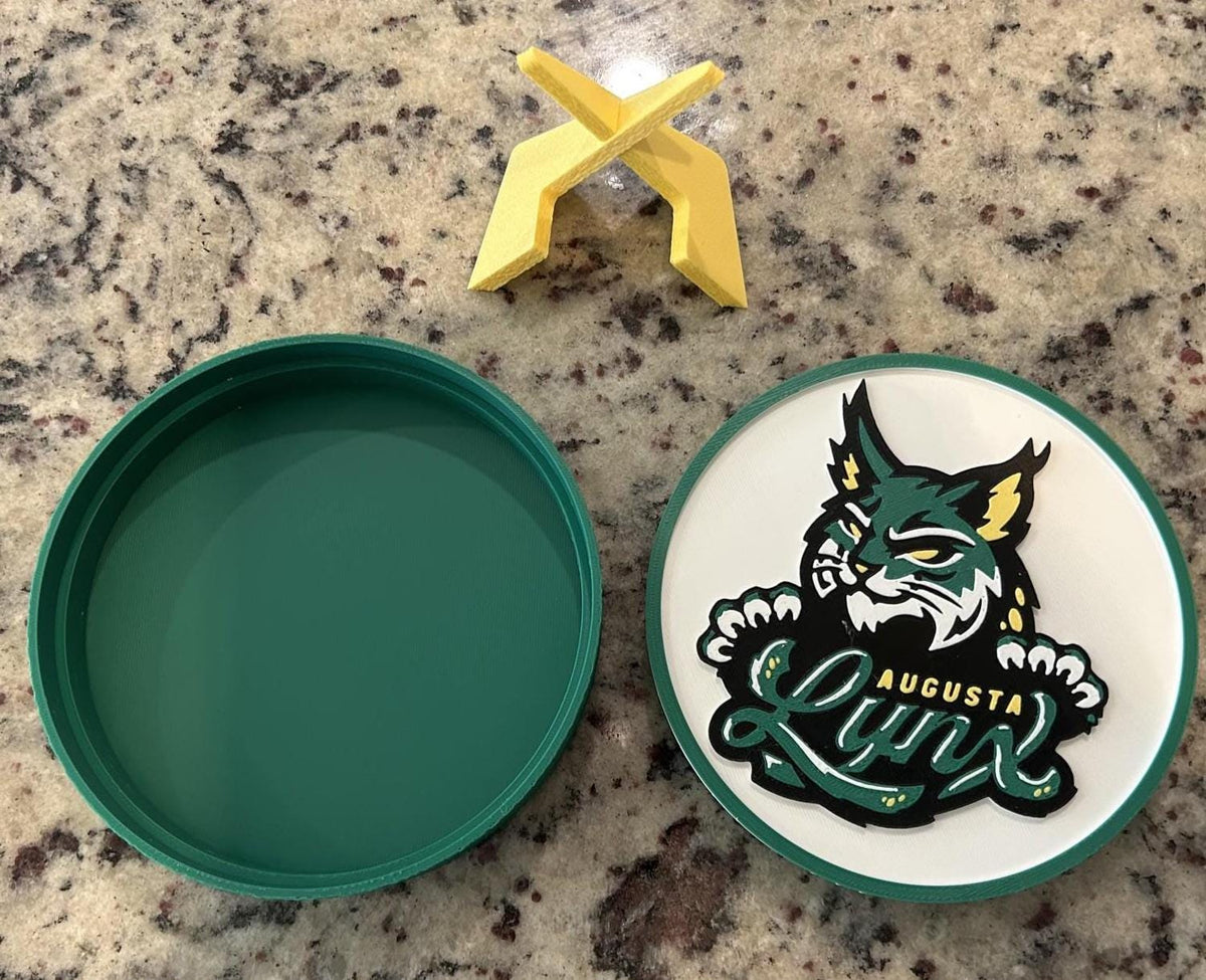 Augusta Lynx 3D printed hockey roundel display with stand and hidden stash box, ECHL fan gift, made in USA