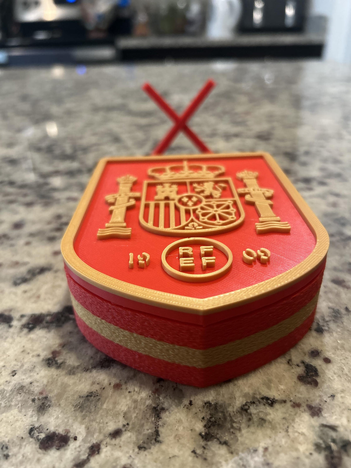 Spain La Roja RFEF 3D printed crest display with stand and hidden stash box, Furia Roja soccer fan gift, made in USA