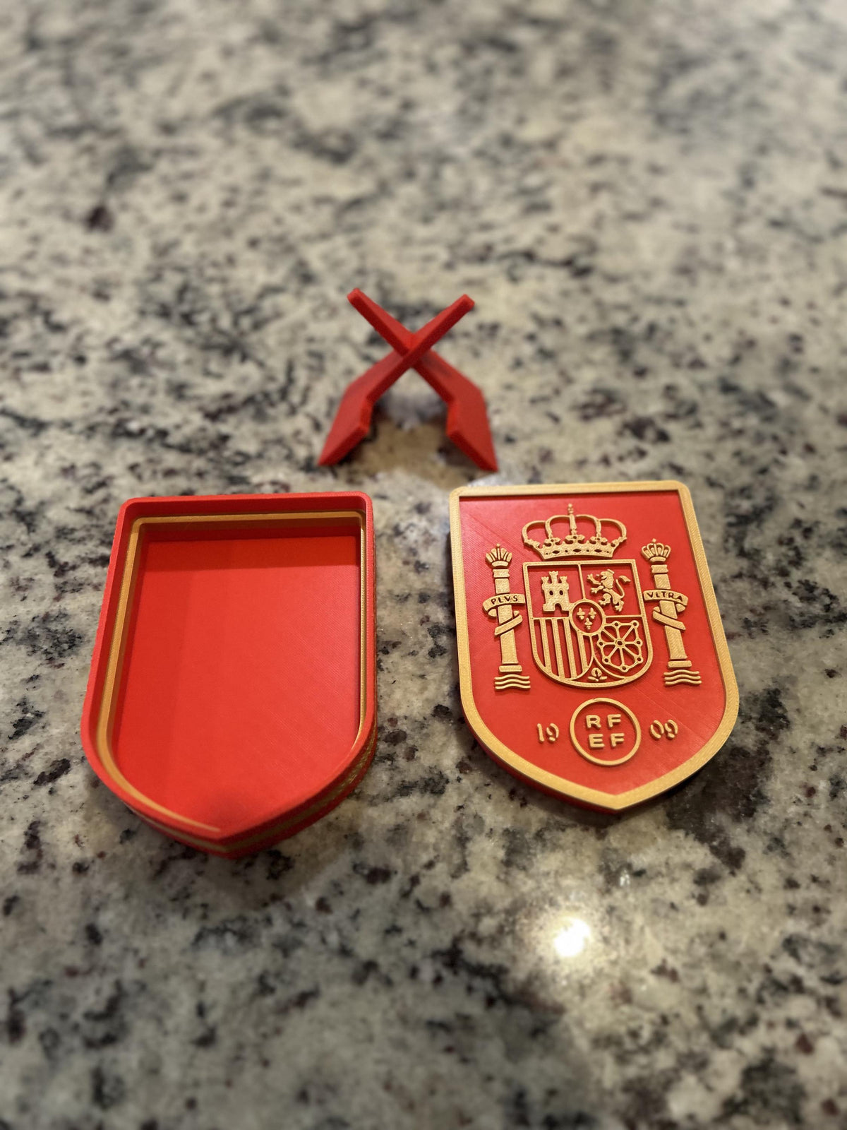 Spain La Roja RFEF 3D printed crest display with stand and hidden stash box, Furia Roja soccer fan gift, made in USA