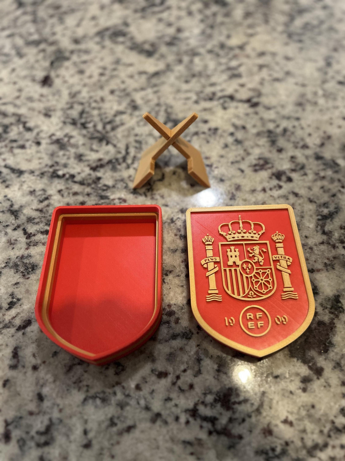 Spain La Roja RFEF 3D printed crest display with stand and hidden stash box, Furia Roja soccer fan gift, made in USA