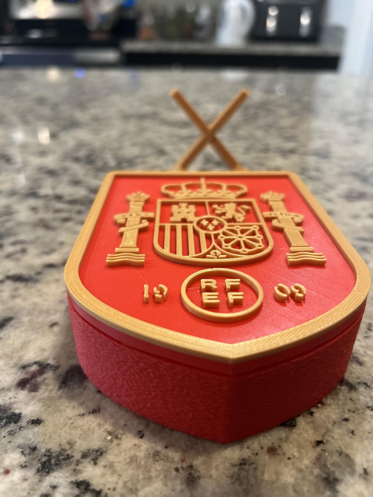 Spain La Roja RFEF 3D printed crest display with stand and hidden stash box, Furia Roja soccer fan gift, made in USA