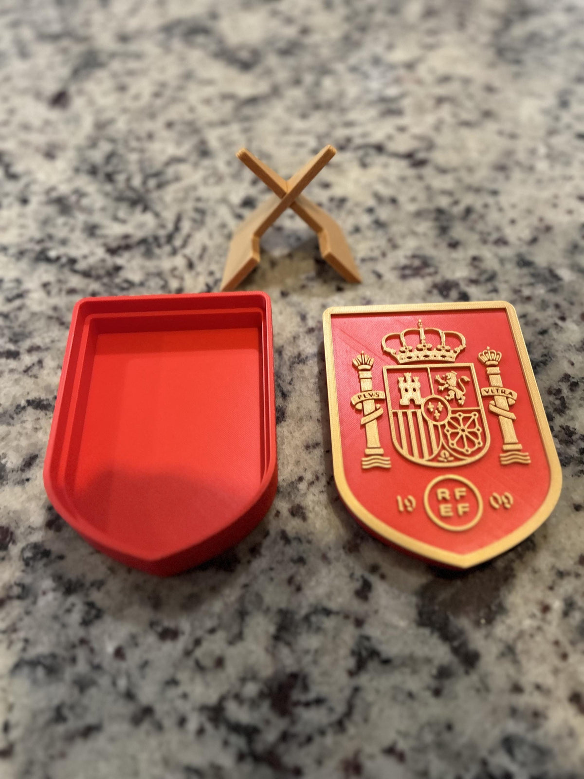 Spain La Roja RFEF 3D printed crest display with stand and hidden stash box, Furia Roja soccer fan gift, made in USA