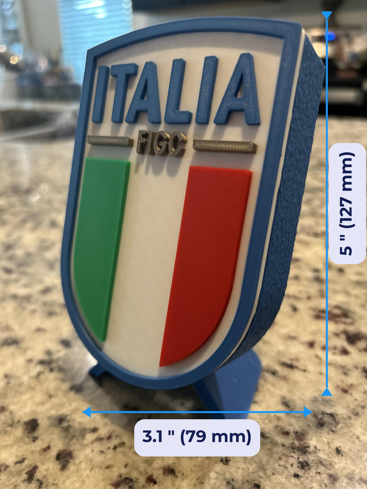 Italy Azzurri FIGC 3D printed crest display with stand and hidden stash box, Nazionale soccer fan gift, made in USA