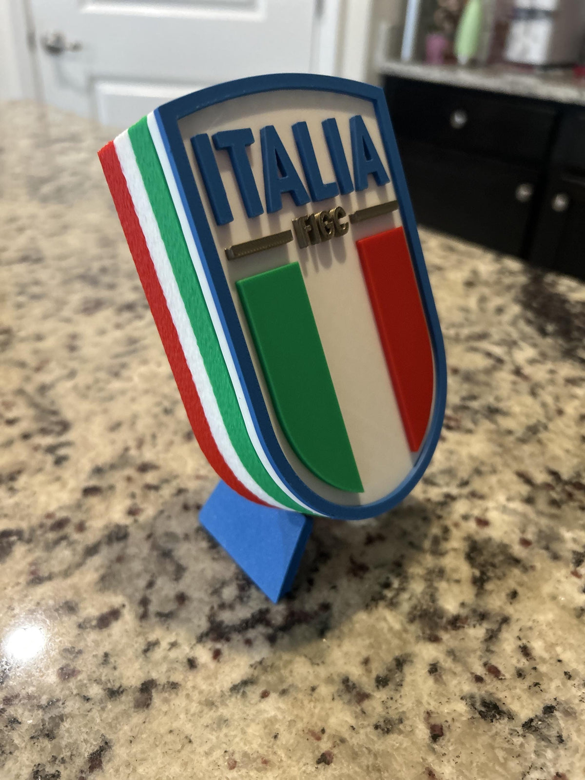 Italy Azzurri FIGC 3D printed crest display with stand and hidden stash box, Nazionale soccer fan gift, made in USA