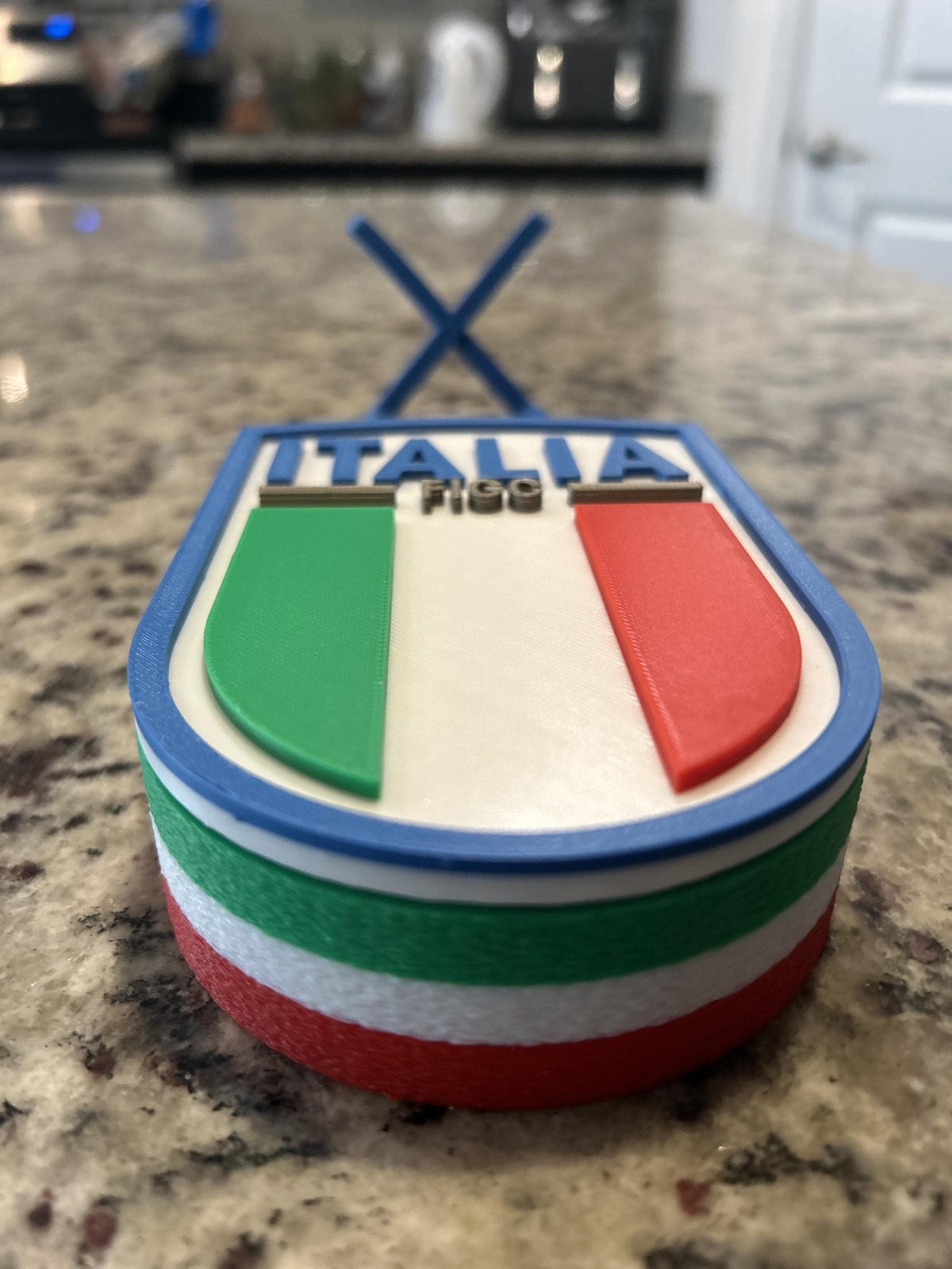 Italy Azzurri FIGC 3D printed crest display with stand and hidden stash box, Nazionale soccer fan gift, made in USA