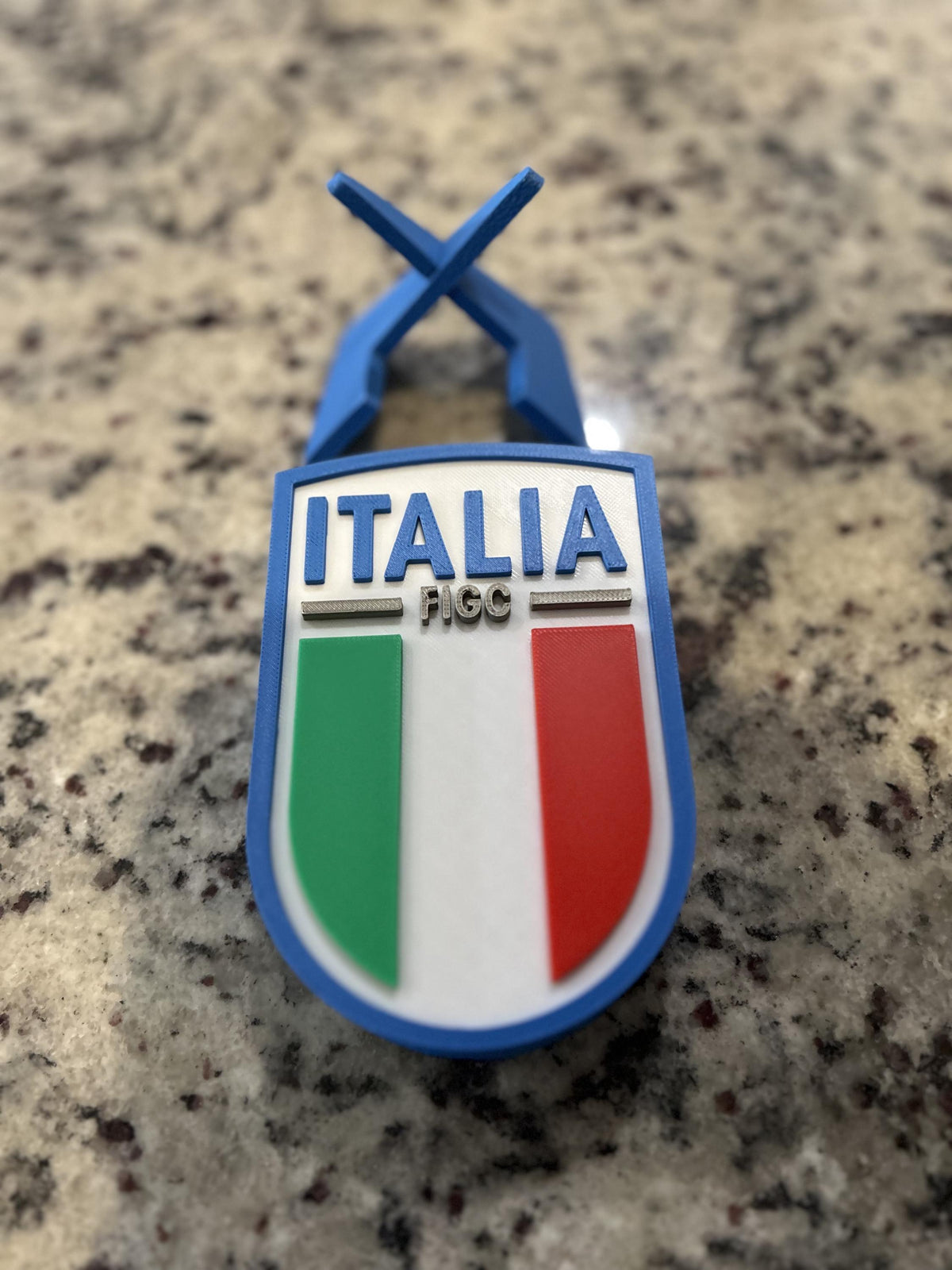 Italy Azzurri FIGC 3D printed crest display with stand and hidden stash box, Nazionale soccer fan gift, made in USA