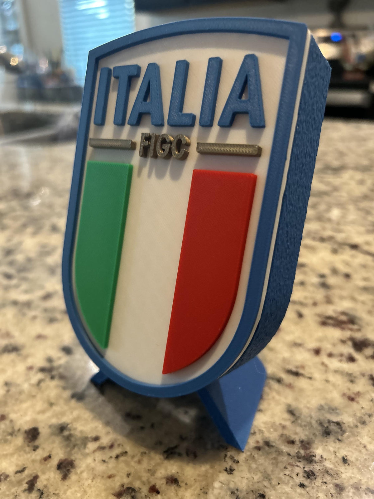 Italy Azzurri FIGC 3D printed crest display with stand and hidden stash box, Nazionale soccer fan gift, made in USA