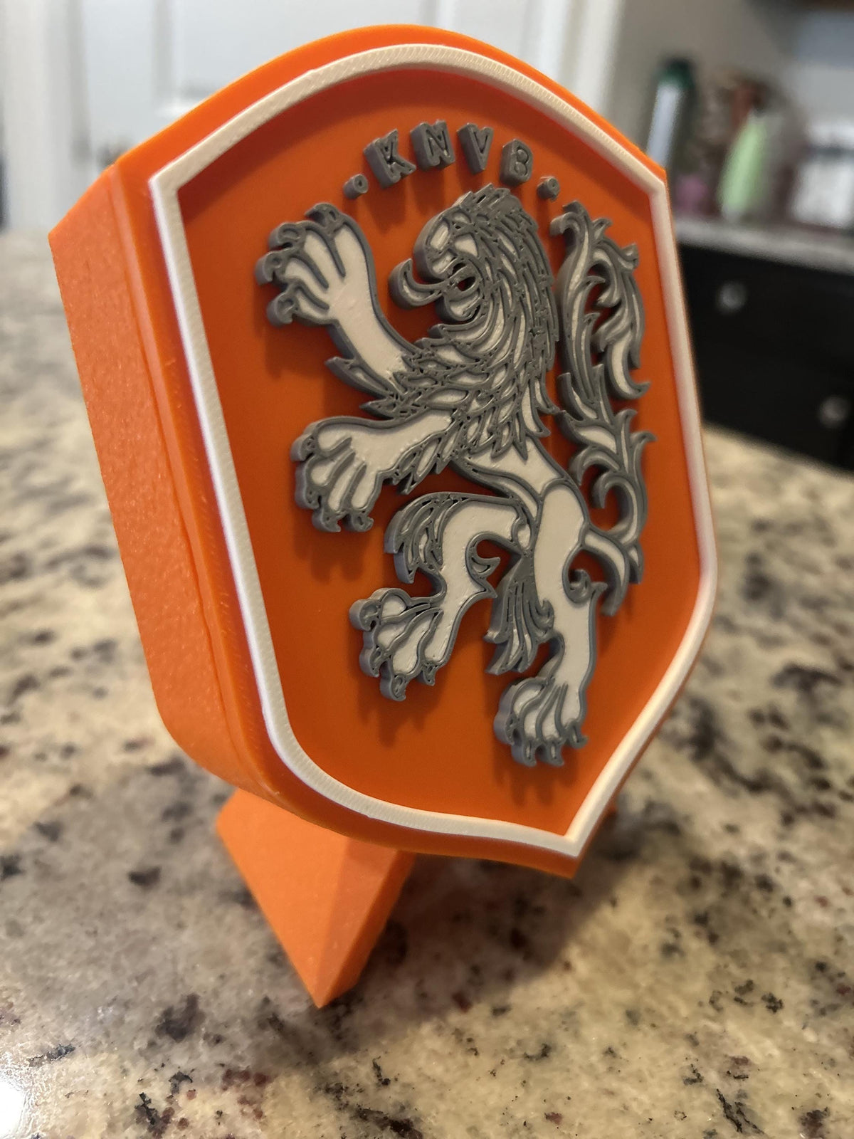 Netherlands Oranje KNVB 3D printed crest display with stand and hidden stash box, Dutch soccer fan gift, made in USA