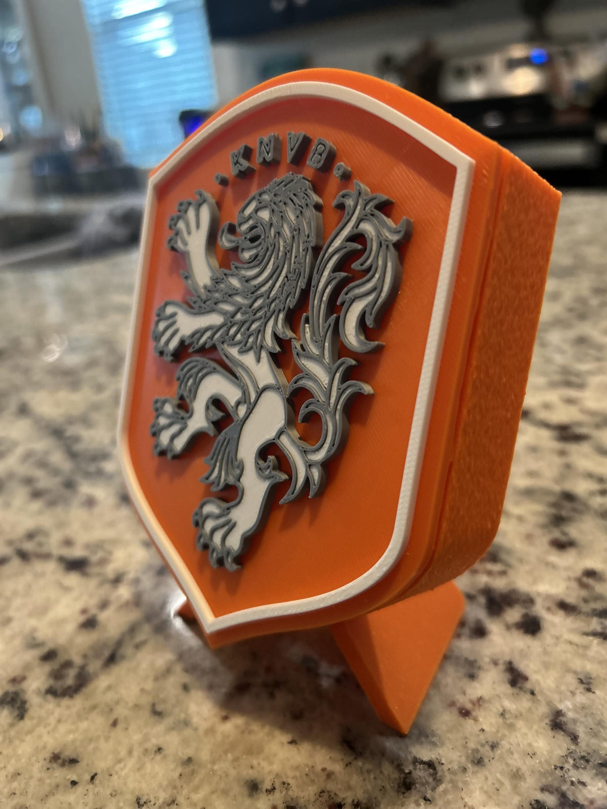 Netherlands Oranje KNVB 3D printed crest display with stand and hidden stash box, Dutch soccer fan gift, made in USA