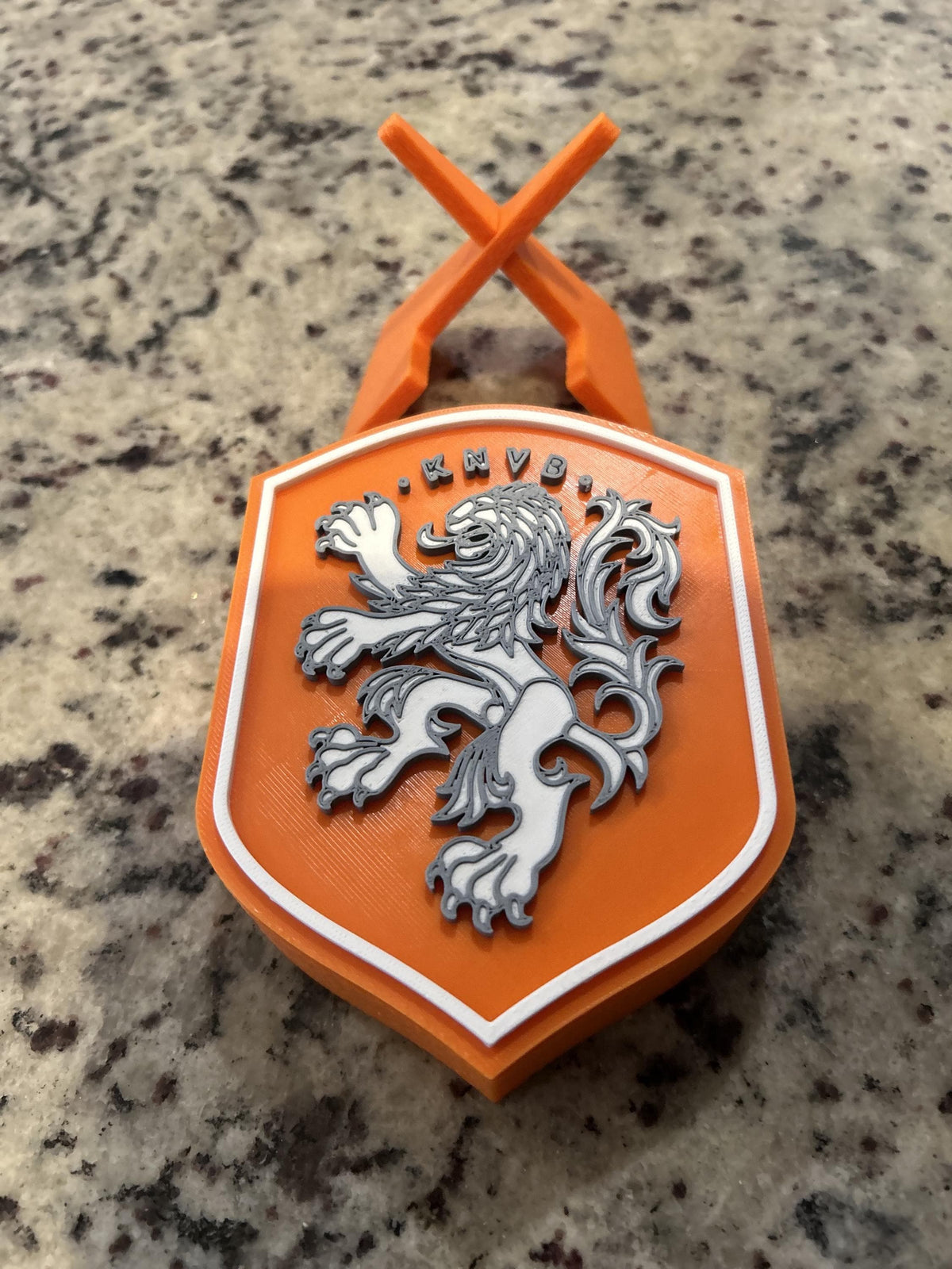 Netherlands Oranje KNVB 3D printed crest display with stand and hidden stash box, Dutch soccer fan gift, made in USA