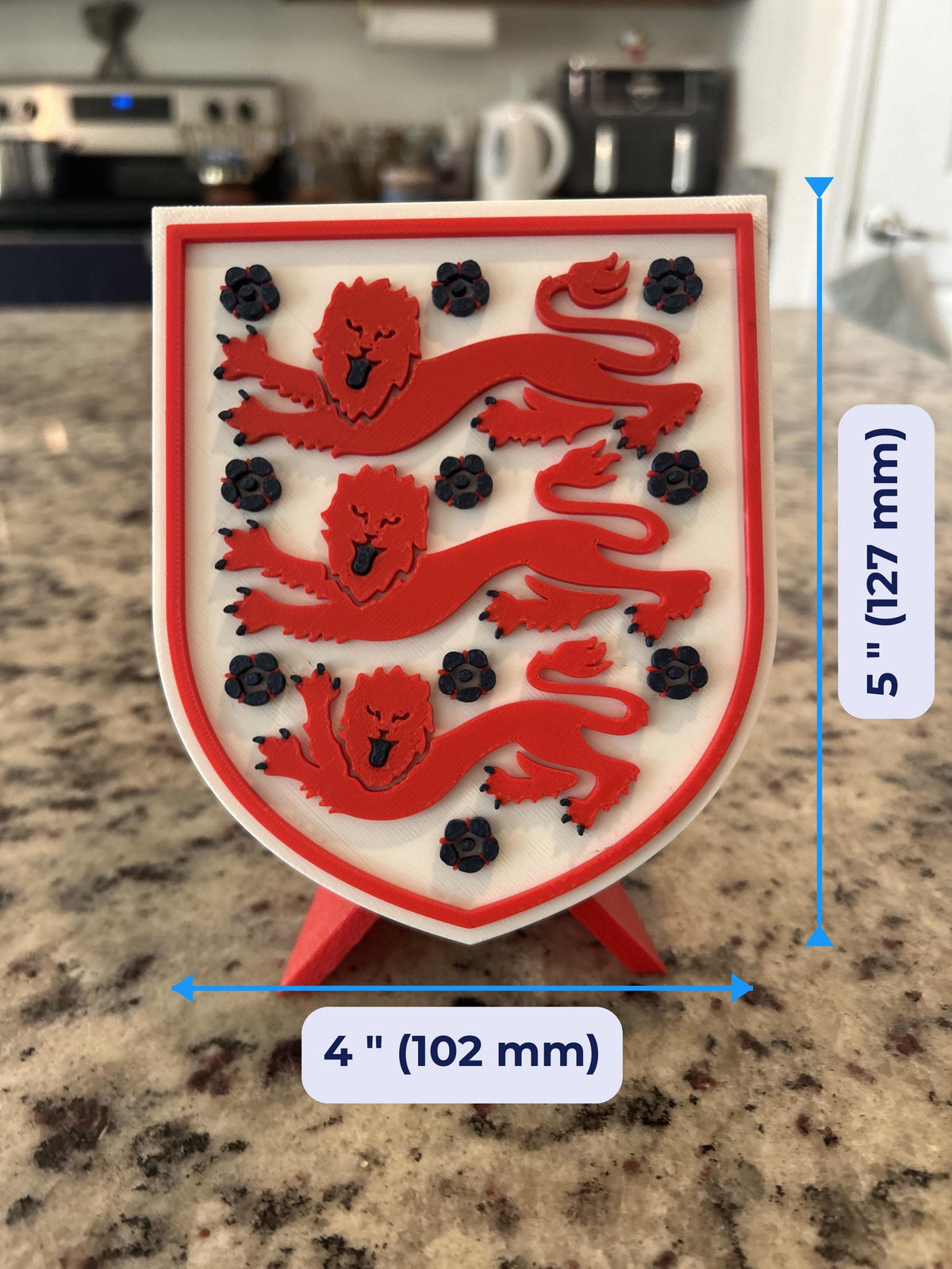 England Three Lions FA 3D printed crest display with stand and hidden stash box, made-to-order England national team soccer fan gift, made in USA
