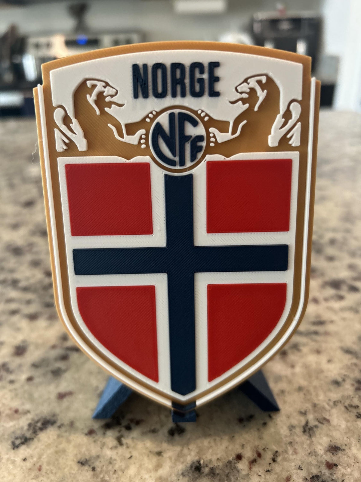 Norway Norge NFF 3D printed crest display with stand and hidden stash box, made-to-order Norway national team soccer fan gift, made in USA