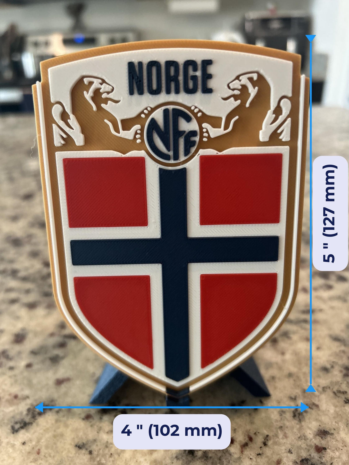Norway Norge NFF 3D printed crest display with stand and hidden stash box, made-to-order Norway national team soccer fan gift, made in USA