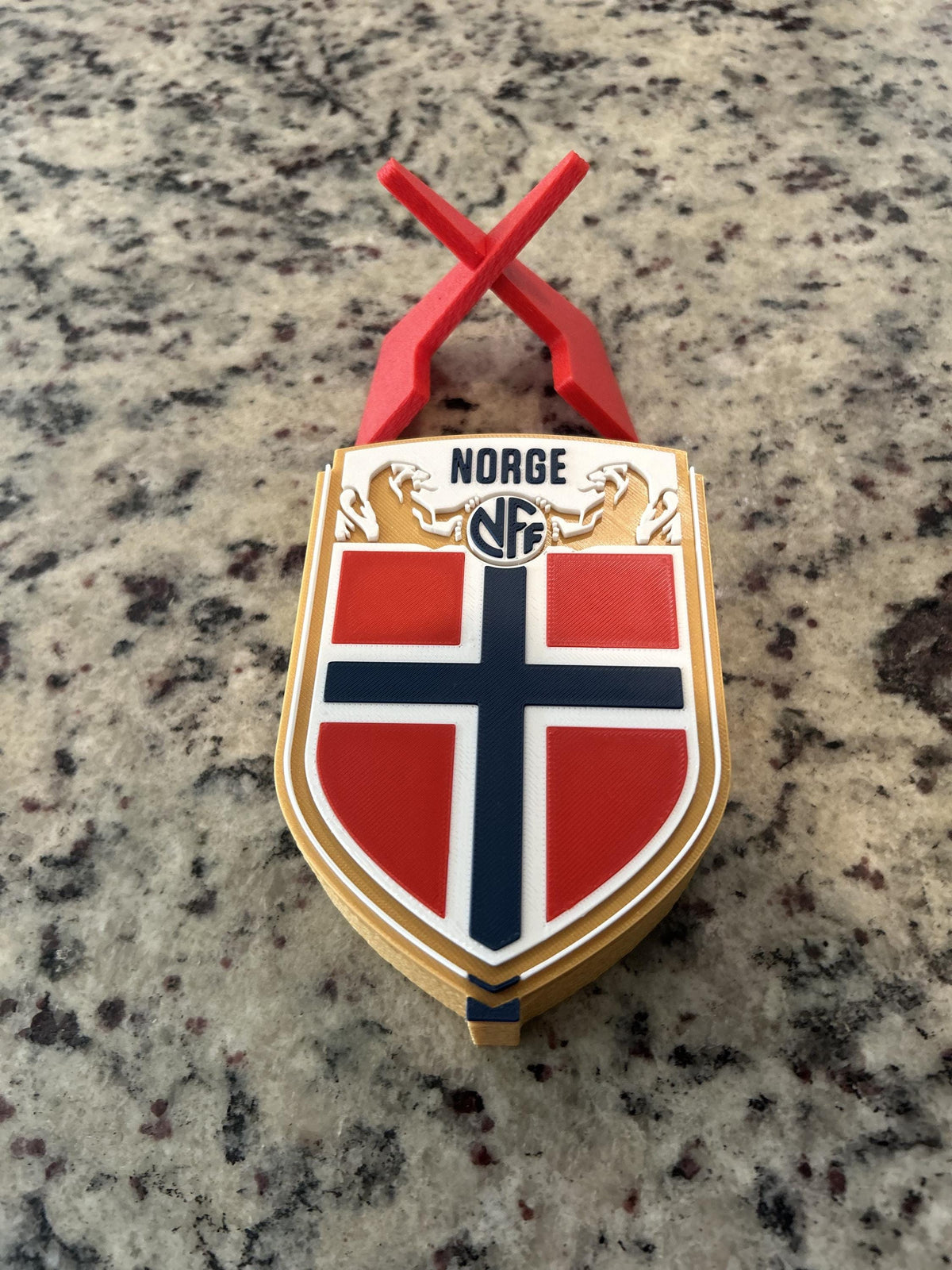 Norway Norge NFF 3D printed crest display with stand and hidden stash box, made-to-order Norway national team soccer fan gift, made in USA