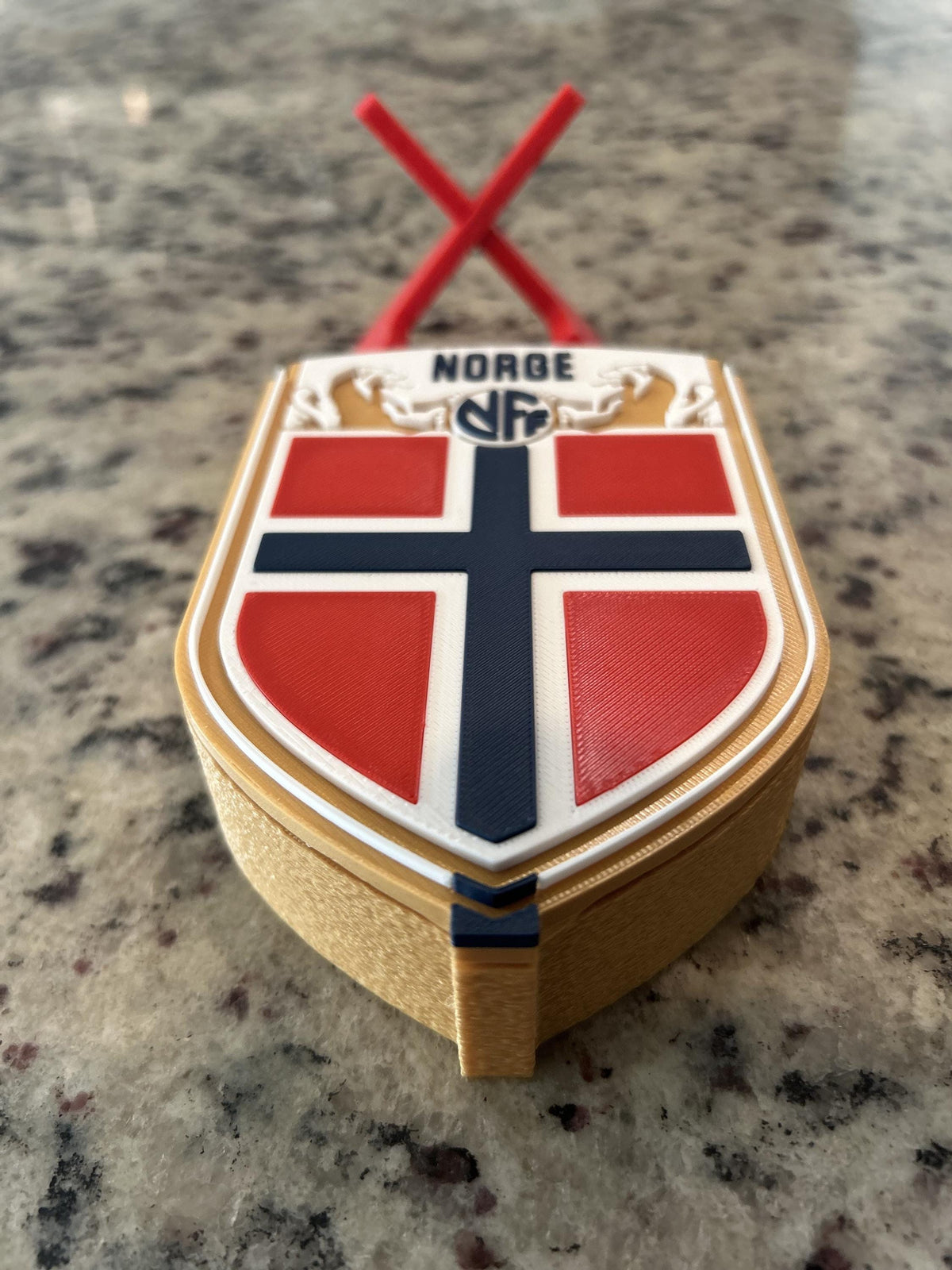 Norway Norge NFF 3D printed crest display with stand and hidden stash box, made-to-order Norway national team soccer fan gift, made in USA