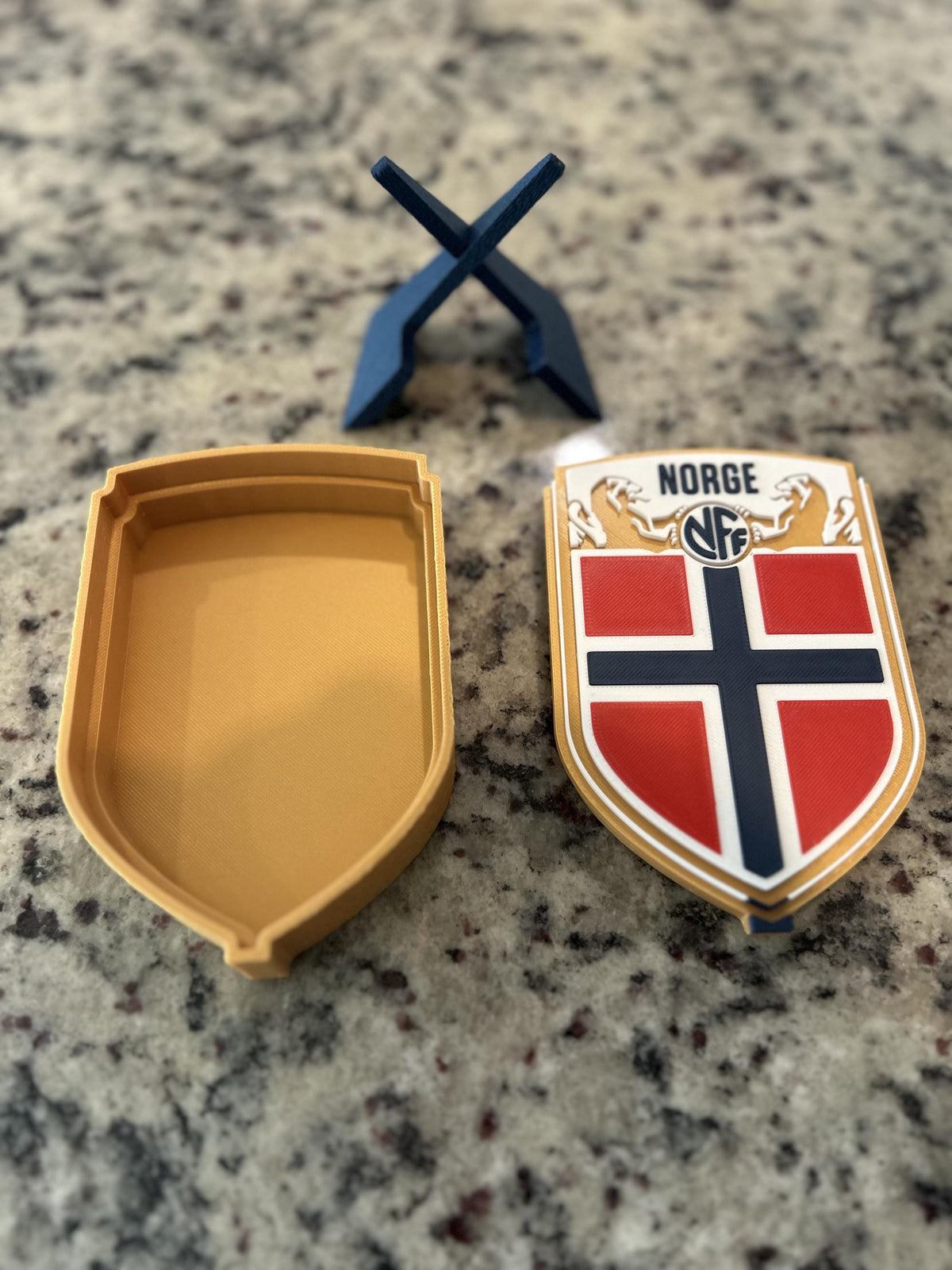 Norway Norge NFF 3D printed crest display with stand and hidden stash box, made-to-order Norway national team soccer fan gift, made in USA