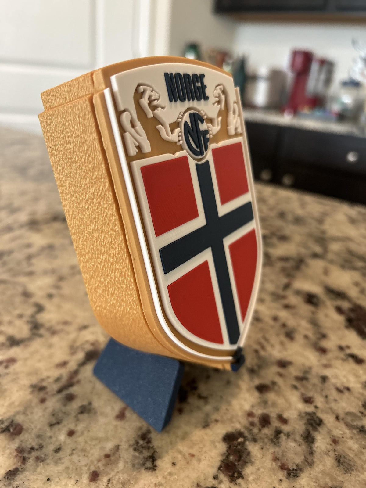 Norway Norge NFF 3D printed crest display with stand and hidden stash box, made-to-order Norway national team soccer fan gift, made in USA