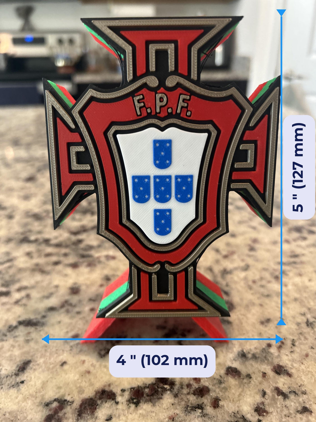 Portugal Selecao FPF 3D printed crest display with stand and hidden stash box, made-to-order Portugal national team soccer fan gift, made in USA