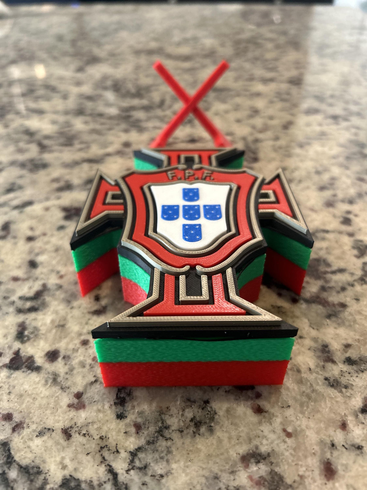 Portugal Selecao FPF 3D printed crest display with stand and hidden stash box, made-to-order Portugal national team soccer fan gift, made in USA
