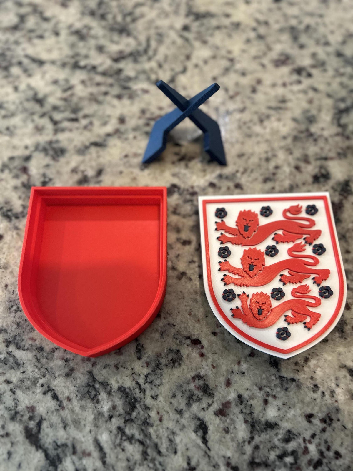 England Three Lions FA 3D printed crest display with stand and hidden stash box, made-to-order England national team soccer fan gift, made in USA