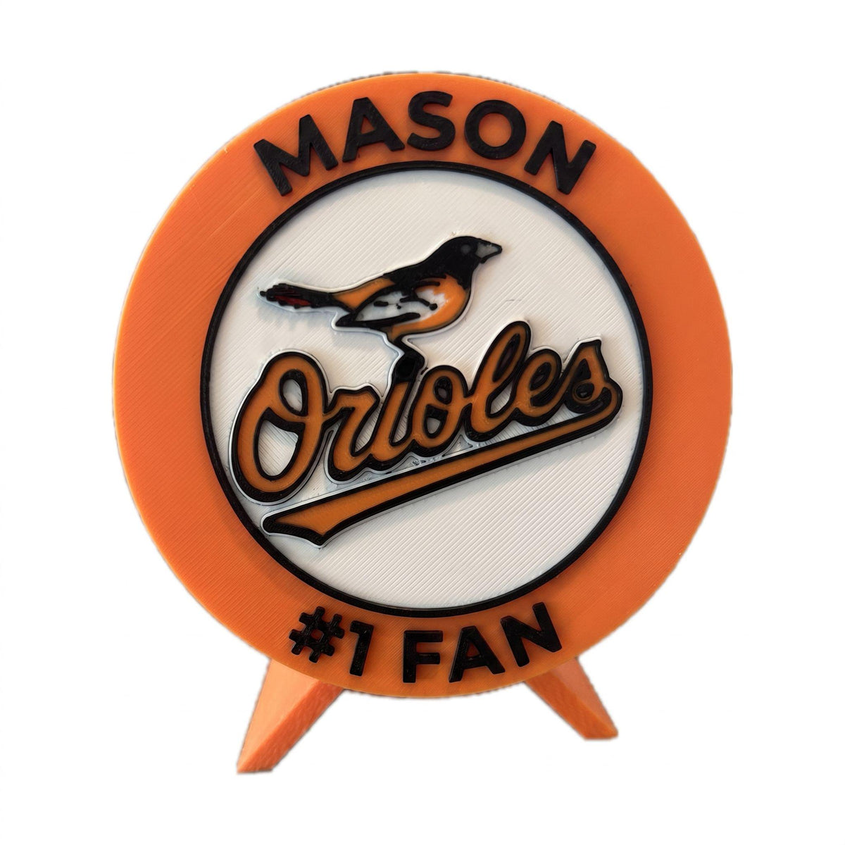 Baltimore Orioles personalized roundel example with a custom name on top and #1 FAN on the bottom, 3D printed MLB baseball fan gift