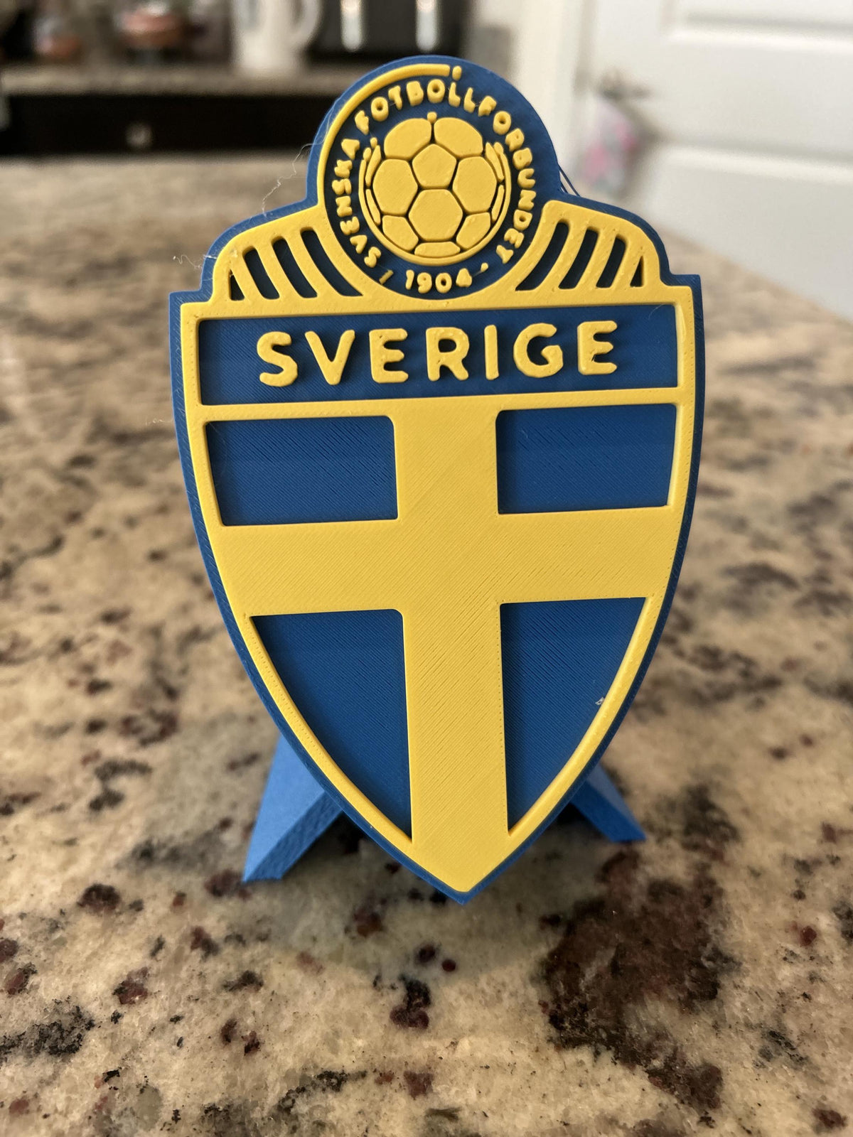 Sweden Sverige SvFF 3D printed blue and yellow crest display with stand and hidden stash box, Sweden national team soccer fan gift, made in USA