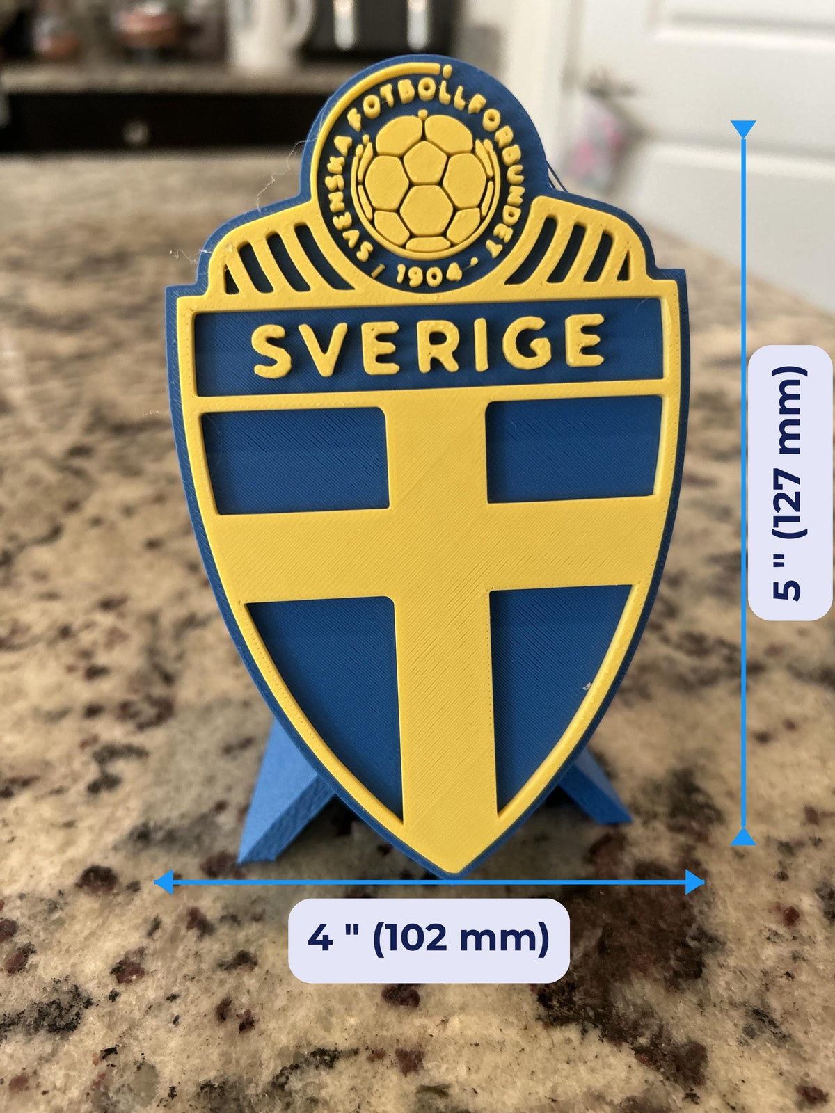 Sweden Sverige SvFF 3D printed blue and yellow crest display with stand and hidden stash box, Sweden national team soccer fan gift, made in USA