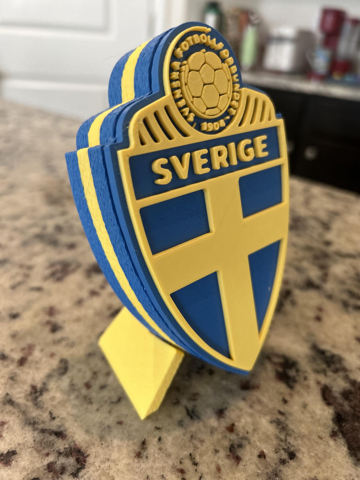 Sweden Sverige SvFF 3D printed blue and yellow crest display with stand and hidden stash box, Sweden national team soccer fan gift, made in USA