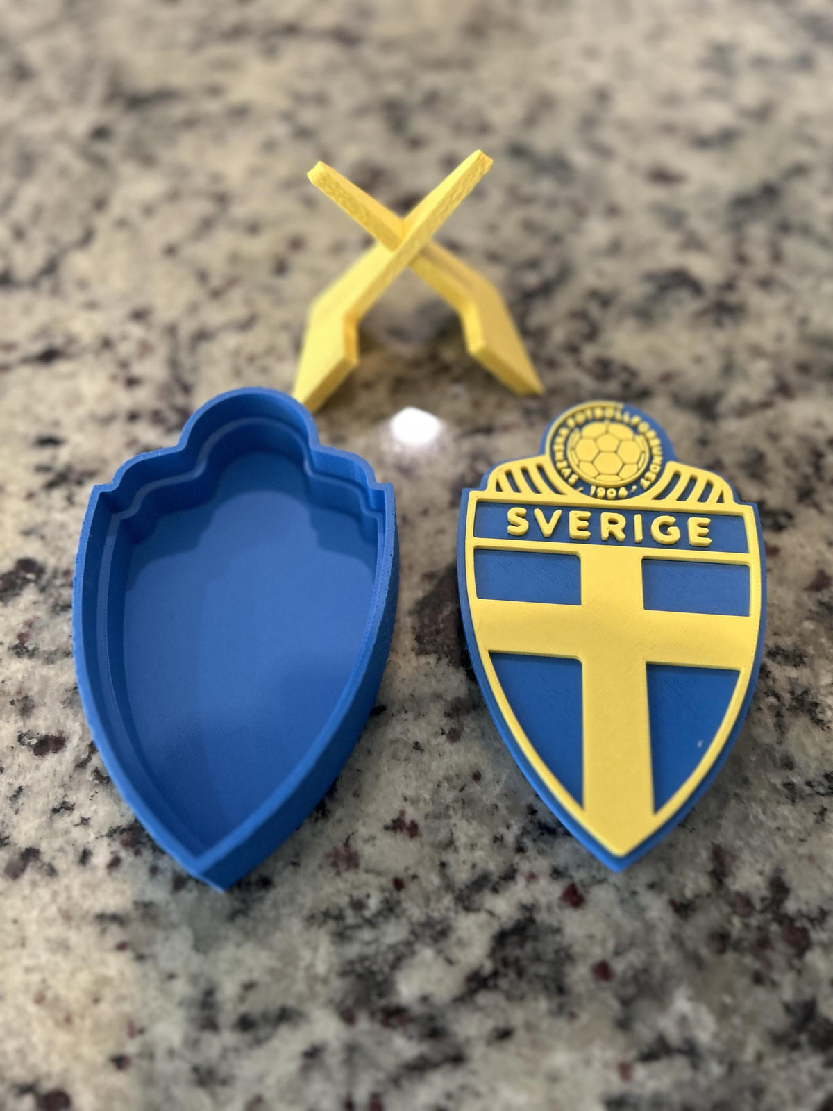Sweden Sverige SvFF 3D printed blue and yellow crest display with stand and hidden stash box, Sweden national team soccer fan gift, made in USA