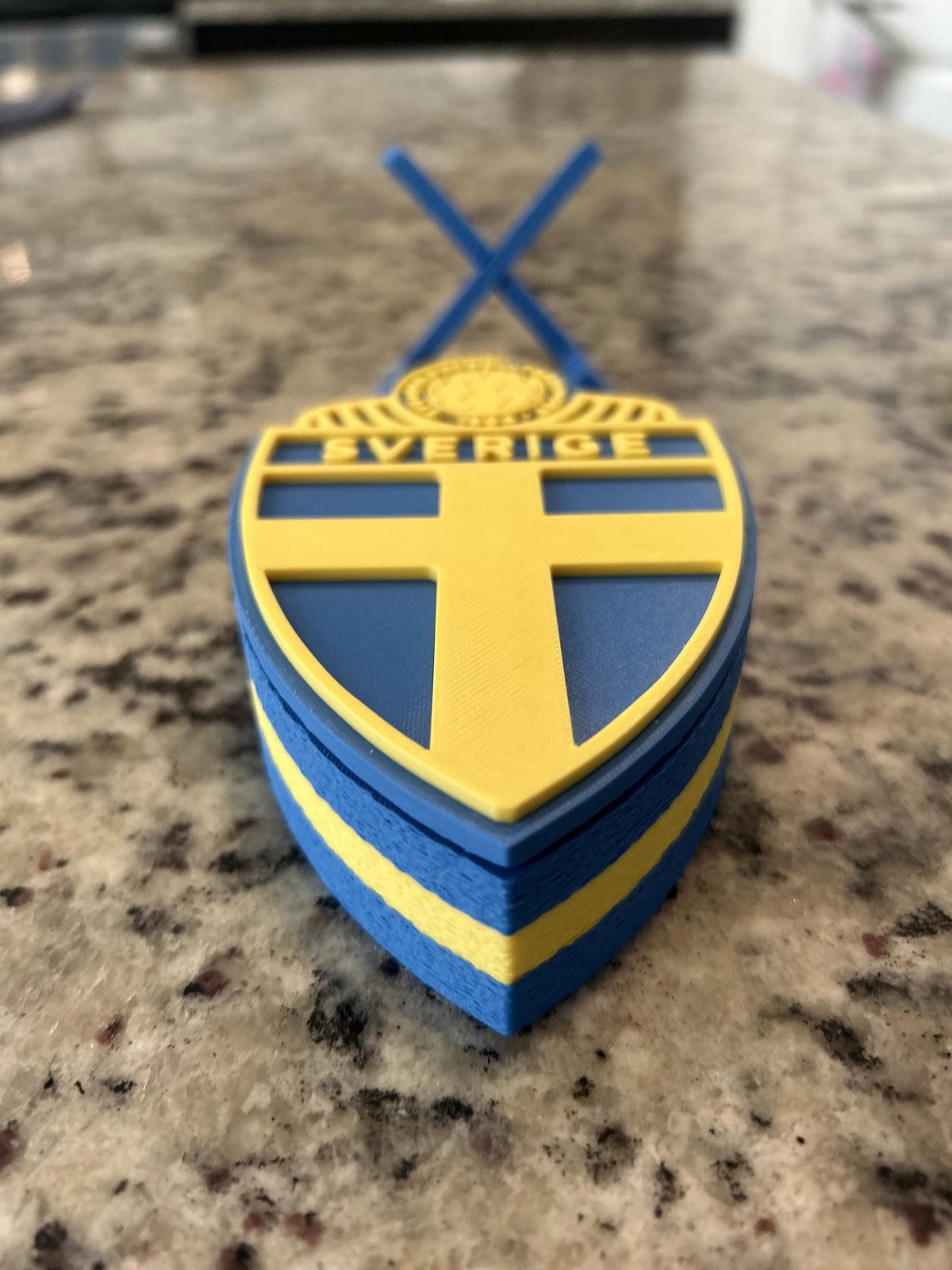 Sweden Sverige SvFF 3D printed blue and yellow crest display with stand and hidden stash box, Sweden national team soccer fan gift, made in USA