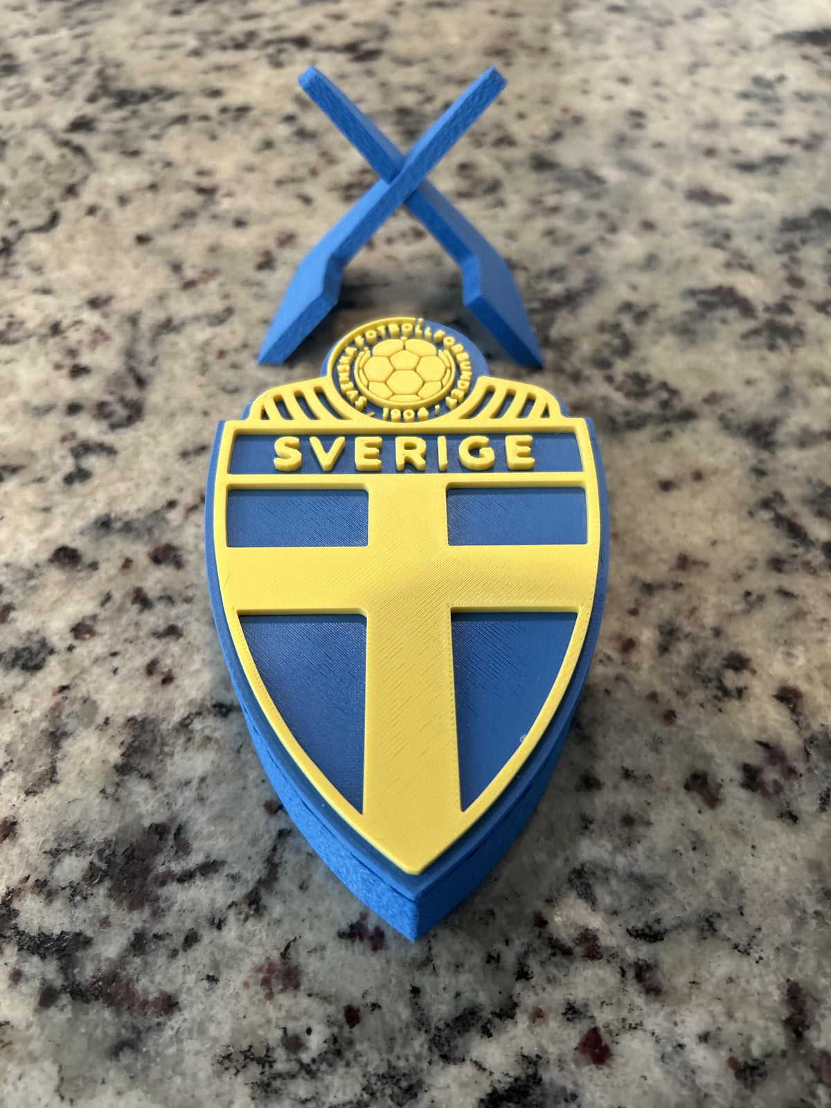 Sweden Sverige SvFF 3D printed blue and yellow crest display with stand and hidden stash box, Sweden national team soccer fan gift, made in USA