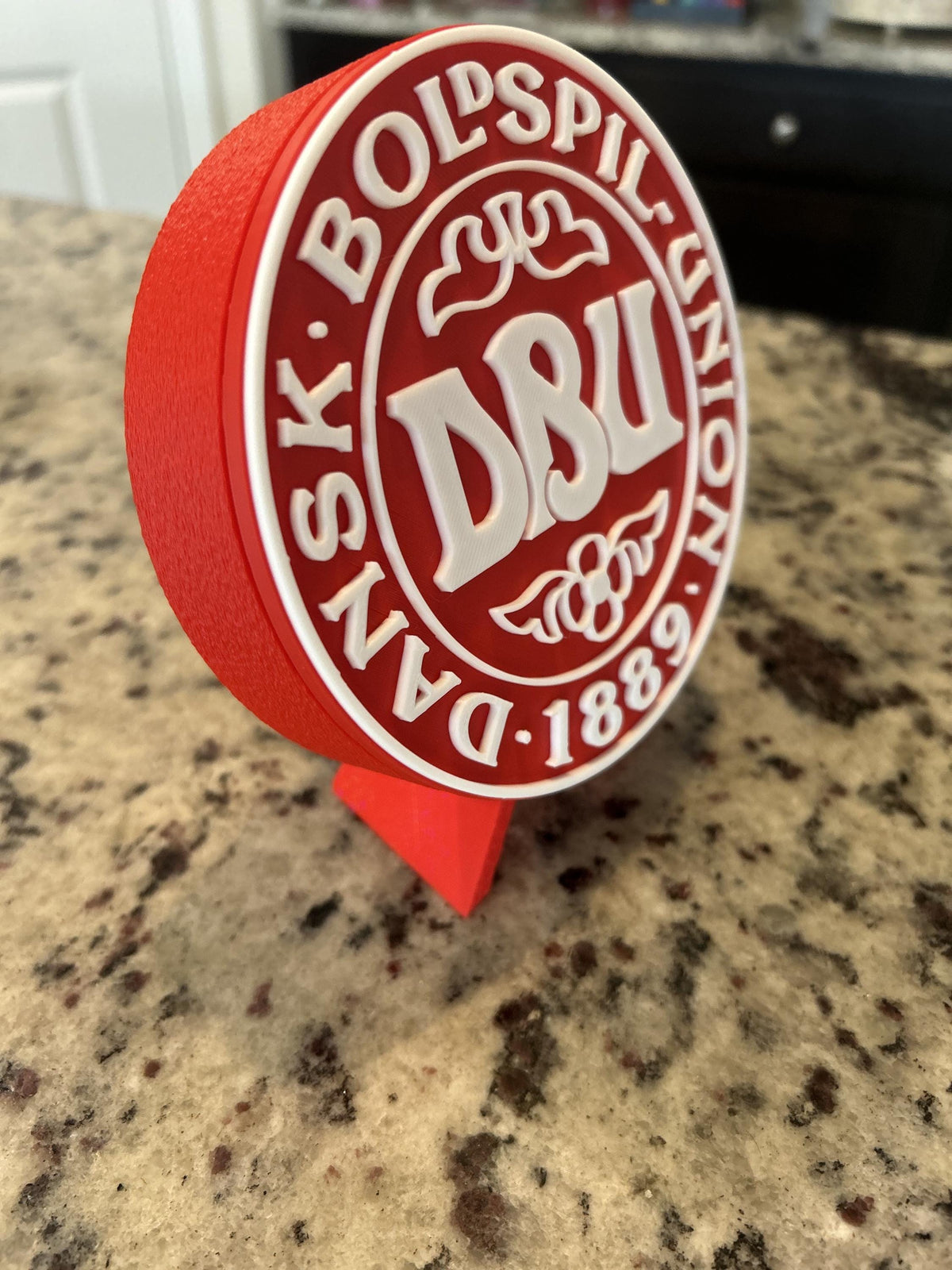 Denmark DBU Dansk Boldspil-Union 3D printed red roundel display with stand and hidden stash box, Denmark national team soccer fan gift, made in USA
